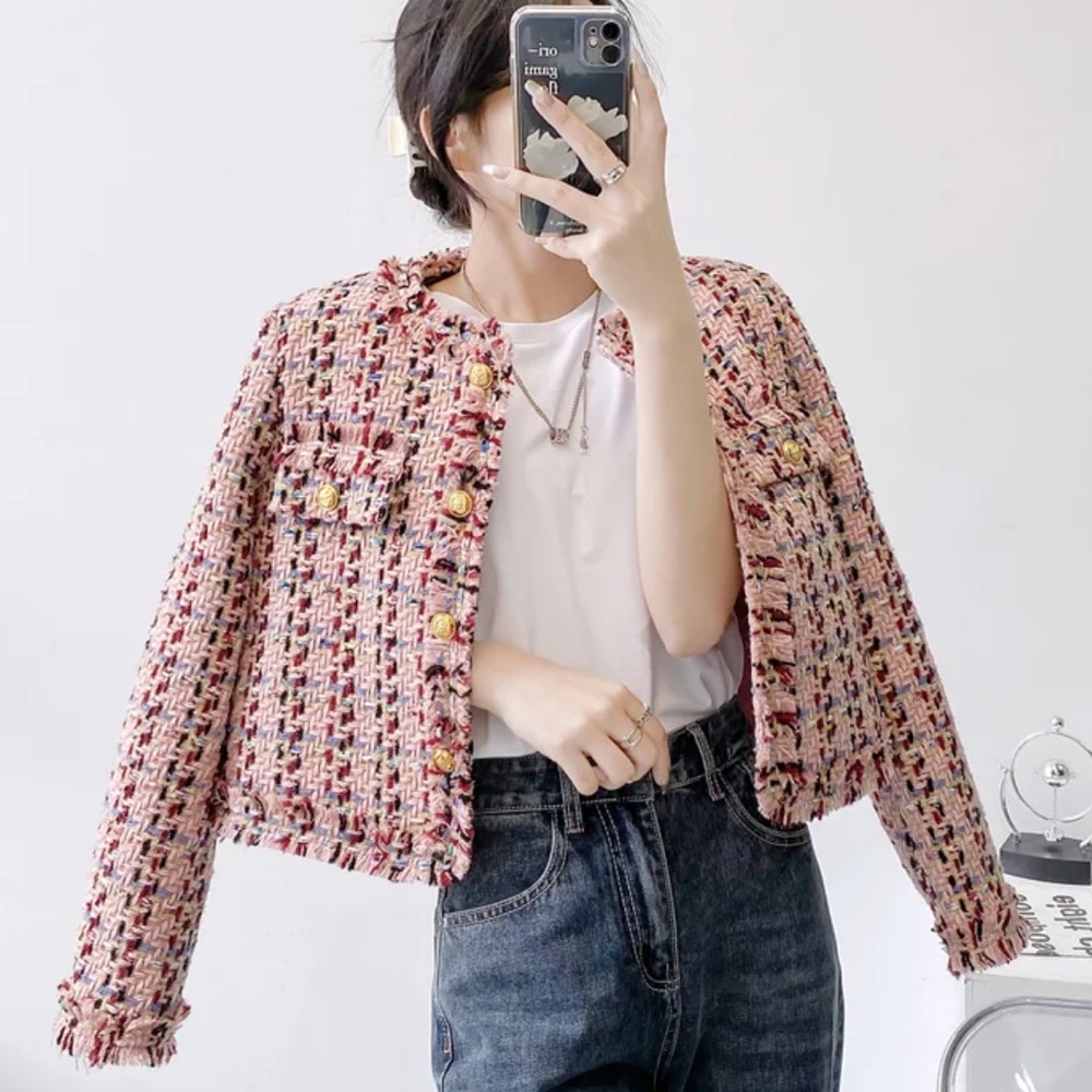 Pink Tweed Jacket with Gold Buttons